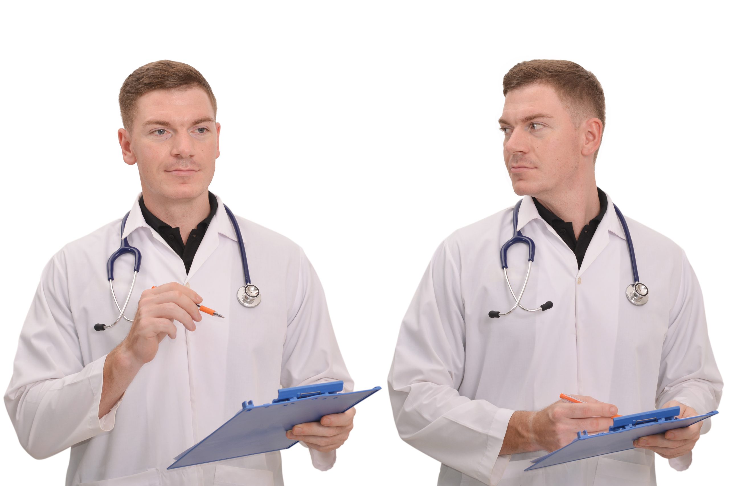 Portrait of two identical doctors on a white background