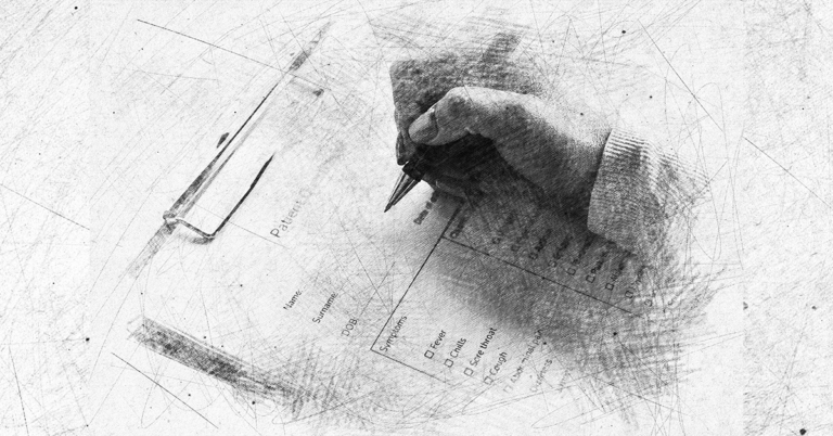 Hand holding a pen over a clipboard