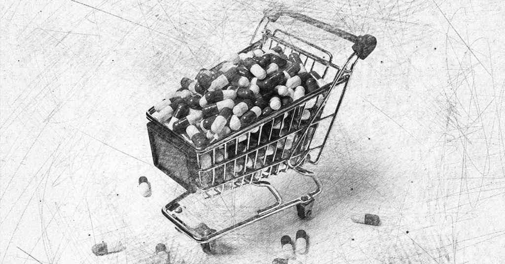 Shopping cart filled with pills